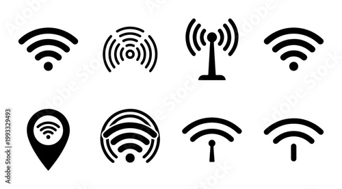 Wireless wifi icon set with 8 black vector symbols, internet connection and signal strength signs, network hotspot and radio wave illustrations