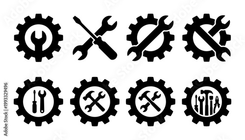 Industrial gear and tool icon set, black mechanical cogwheel with wrench and screwdriver symbols, 8 repair service vector elements for maintenance