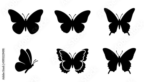 Black butterfly silhouette collection, set of 6 decorative insect icons, minimalist butterfly wing shapes for logo design and nature branding