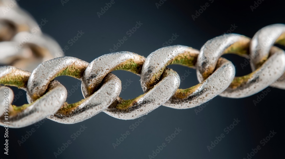 Obraz premium Close-up view of a silver metal chain with intricate links showing wear and patina against a dark background highlighting its texture and details
