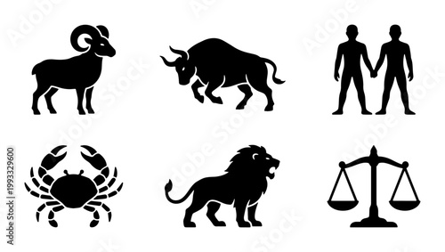 Zodiac sign icons set, black astrological horoscope symbols, celestial constellation silhouettes of Aries Taurus Gemini Cancer Leo and Libra