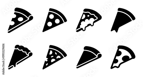 Minimalist pizza slice icon set, 8 black vector pizza symbols with pepperoni and cheese, flat food silhouettes for restaurant menus and delivery apps