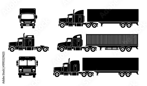 Semi truck silhouette icons, heavy duty commercial vehicle vector set, industrial freight transport trailer illustrations, black delivery lorry graphics