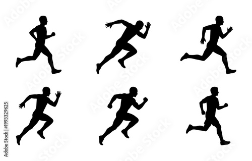 Running man silhouettes set, collection of 6 male athlete sprinter vector icons, black jogging and sprinting figures for sports design
