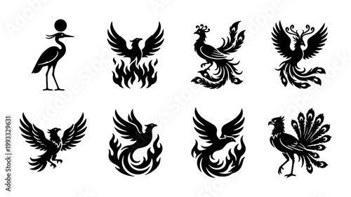 Mythical phoenix bird silhouettes set, black fire bird icons collection, 8 vector eagle and peacock emblems, ancient legendary creature symbols