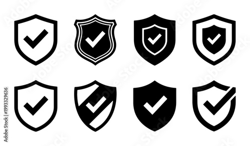 Security shield icons with check marks, set of 8 black vector protection symbols, verified safety and data privacy badges for web interface
