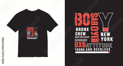 New York Bronx crew typography t-shirt design with grunge texture and bold orange accents for street fashion clothing graphic.