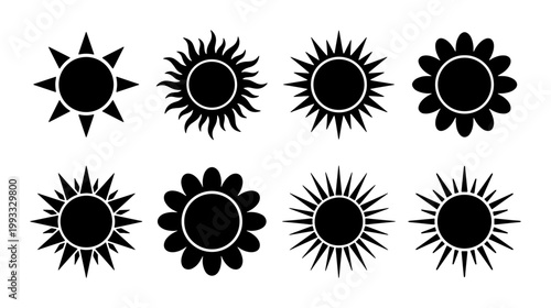 Minimalist sun icon set, black silhouette sunburst collection, 8 vector sun symbols for weather and summer design, flat solar rays graphic elements