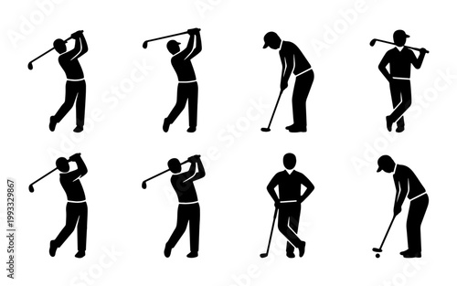 Golf player silhouettes set, professional golfer swinging club and putting ball, black athlete figures for sports tournament branding and club logos