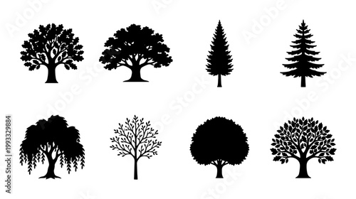 Black tree silhouette collection, 8 forest plant icons in vector format, minimalist oak and pine tree shapes, natural landscape design elements