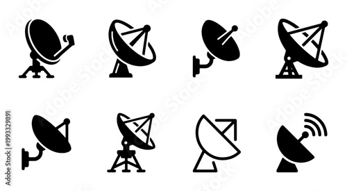 Satellite dish icon set, black parabolic antenna vector collection, telecommunication signal receiver symbols, 8 wireless broadcast equipment icons