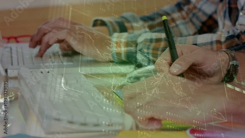 Colleagues typing, activating data overlay merging into hands, sketching with stylus for design