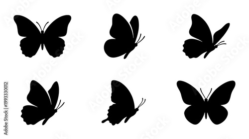Black butterfly silhouette set, 6 elegant flying insect icons, minimalist butterfly vector collection for nature branding and tattoo design