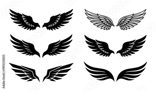 Black eagle wings silhouette set, 6 pairs of heraldic bird wing vectors, gothic angel wing icons for tattoo design and logo branding