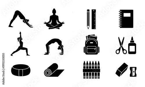 Yoga and school supplies icon set, black silhouette fitness poses and stationery collection, 12 vector elements for education and wellness