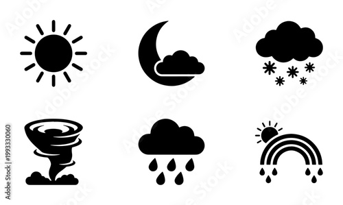 Minimalist weather icon set, black silhouette meteorology symbols, collection of 6 vector elements for forecast apps and environmental design