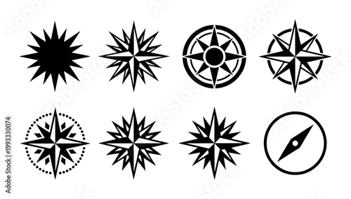 Vintage nautical compass rose icons, set of 8 black wind rose vector symbols, antique maritime navigation signs for maps and travel design