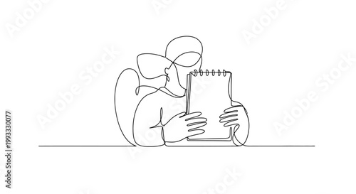 Minimalist one line drawing of a person holding a notebook, creative idea concept