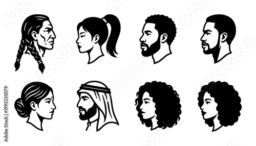 Diverse people profile portraits vector set, multicultural human faces in side view, black and white ethnic diversity avatars for community design