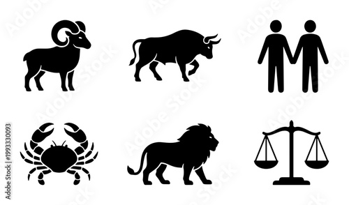 Zodiac signs black silhouette icons set, astrology horoscope symbols including aries taurus gemini cancer leo and libra, vector celestial elements