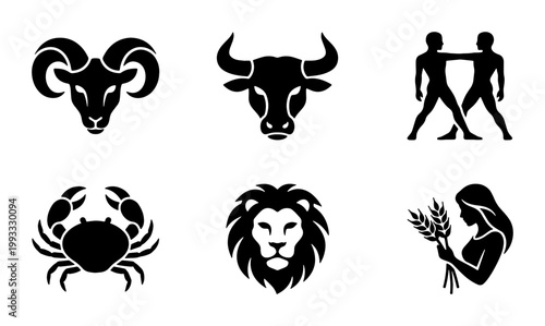 Zodiac signs vector icons set, black astrological horoscope symbols including Aries, Taurus, Gemini, Cancer, Leo, and Virgo, celestial astrology graphics