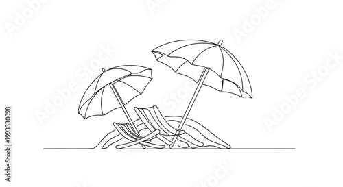 Minimalist Line Art: Beach Chairs and Umbrellas on a Sandy Shore