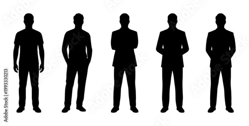 Black silhouette set of men in casual and formal business attire, male figure collection in various standing poses, professional person vector icons