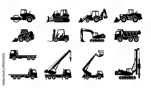 Heavy construction machinery silhouette icons, set of 12 industrial vehicle vectors, black excavator and bulldozer equipment for civil engineering projects