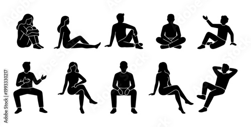 Minimalist sitting people silhouettes, set of 10 black human figures in relaxed poses, diverse men and women seated on floor and chairs, vector flat icons