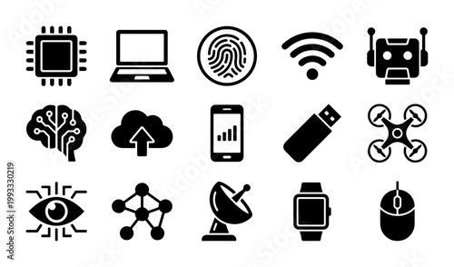 Modern technology icons set, 15 black solid vector symbols for artificial intelligence and digital innovation, futuristic computer hardware and network elements