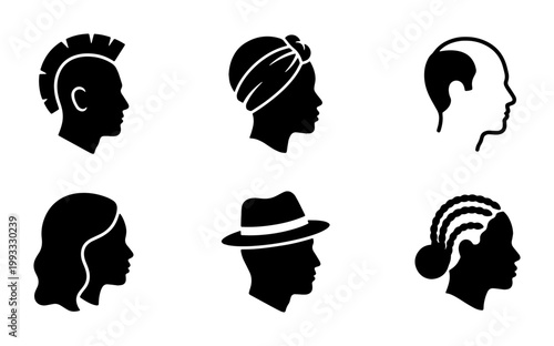 Minimalist human head profile icons, diverse hairstyle and headwear silhouettes, set of 6 vector avatars for identity and fashion design