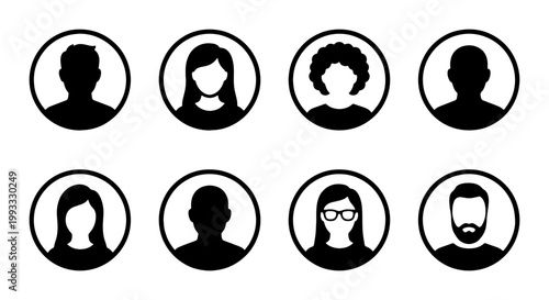 Minimalist user profile avatar icons, set of 8 black silhouette person symbols in circles, diverse human head and shoulder vector illustrations for web UI