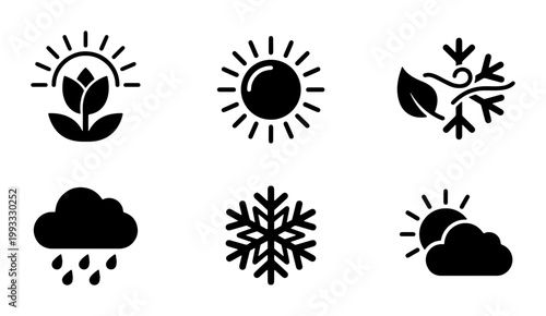 Minimalist weather icons set, black seasonal symbols for spring summer autumn and winter, flat vector climate forecast graphics for mobile apps
