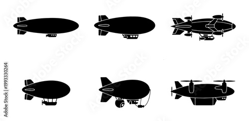 Vintage blimp silhouette set, retro zeppelin airship icons, collection of 6 black dirigible vector illustrations for aviation and travel design