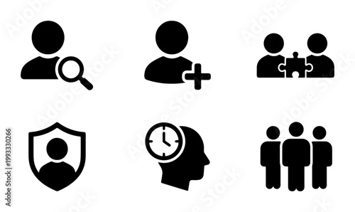Human resources icon set, professional business people symbols, recruitment and team management vector collection, black solid profile avatars