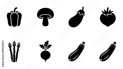Minimalist vegetable icon set, black silhouette food graphics, collection of 8 organic garden produce symbols, flat vector vegetable illustrations