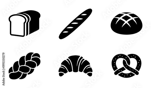 Bakery icon set with 6 black vector silhouettes, fresh bread and pastry collection, minimalist baguette croissant and pretzel symbols for cafe menus