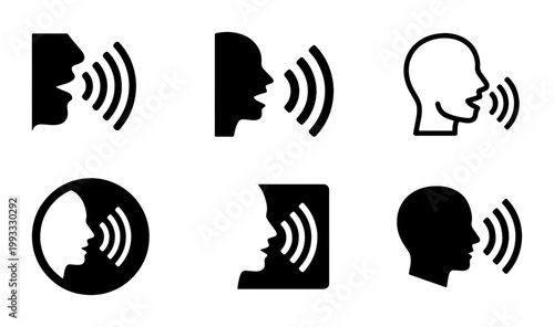 Voice recognition icon set, human speaking silhouette with sound waves, 6 black and white speech command vector symbols for UI design