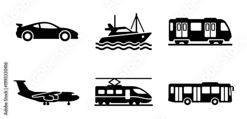 Transportation icon set with 6 black vector silhouettes, vehicle symbols for travel and logistics, minimalist car boat train plane bus and tram graphics