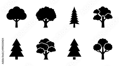 Minimalist black tree icons set, collection of 8 forest plant silhouettes, flat vector nature symbols for landscape design and mapping