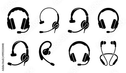 Black headset icon set with microphone, call center headphones vector collection, customer support communication equipment silhouettes for business