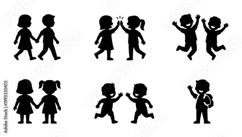Happy children silhouette set, school kids playing and jumping vector icons, diverse group of young students in black flat style for education design