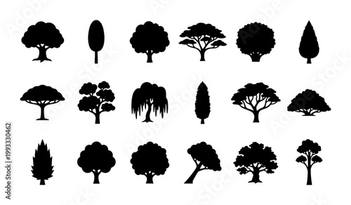 Black tree silhouette collection, 18 forest and garden plant icons, minimalist nature vector set for landscape design and architectural mapping