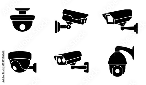 Security camera icon set, black CCTV surveillance vector silhouettes, 6 monitoring system elements for safety and protection design