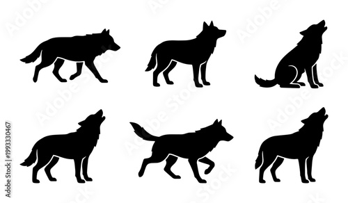 Wolf silhouette collection with 6 vector elements, howling and walking wild animal shapes, black timber wolf profile set for logos and outdoors design