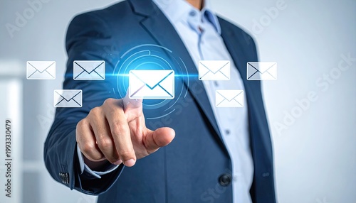 Man in suit touches glowing envelope icon among floating envelope graphics