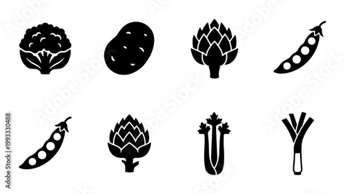 Minimalist vegetable icon set, black silhouette organic food symbols, flat vector collection of cauliflower potato artichoke peas celery and leek