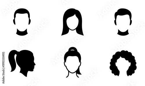 Minimalist avatar profile icons, set of 6 black human head silhouettes, diverse male and female hairstyle vector symbols for social media and web design