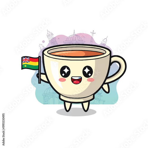 Cute Cartoon Coffee Cup Holding Bolivian Flag.