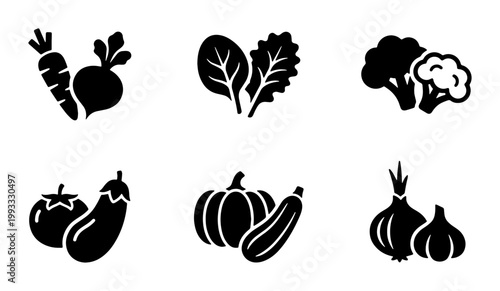 Minimalist vegetable icon set, black solid vector silhouettes of fresh garden produce, 6 organic food symbols for grocery and menu design